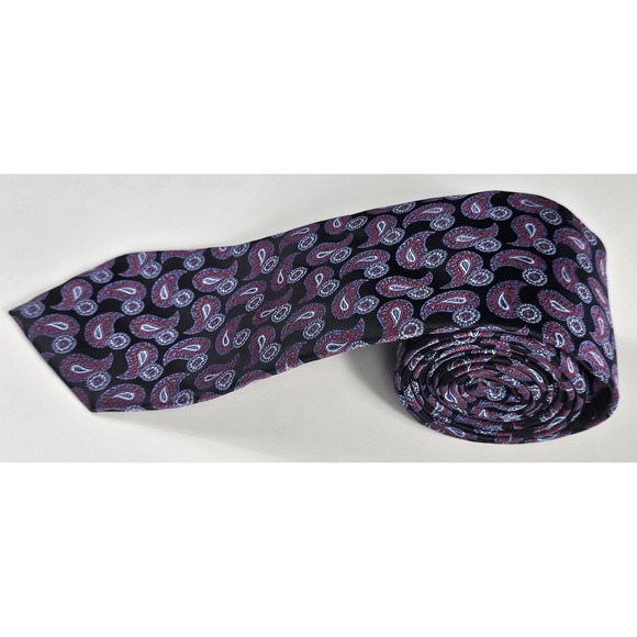 Thomas Stone Tie 100% Polyester Hand Made Black Purple Red Silver Paisley - Picture 2 of 7